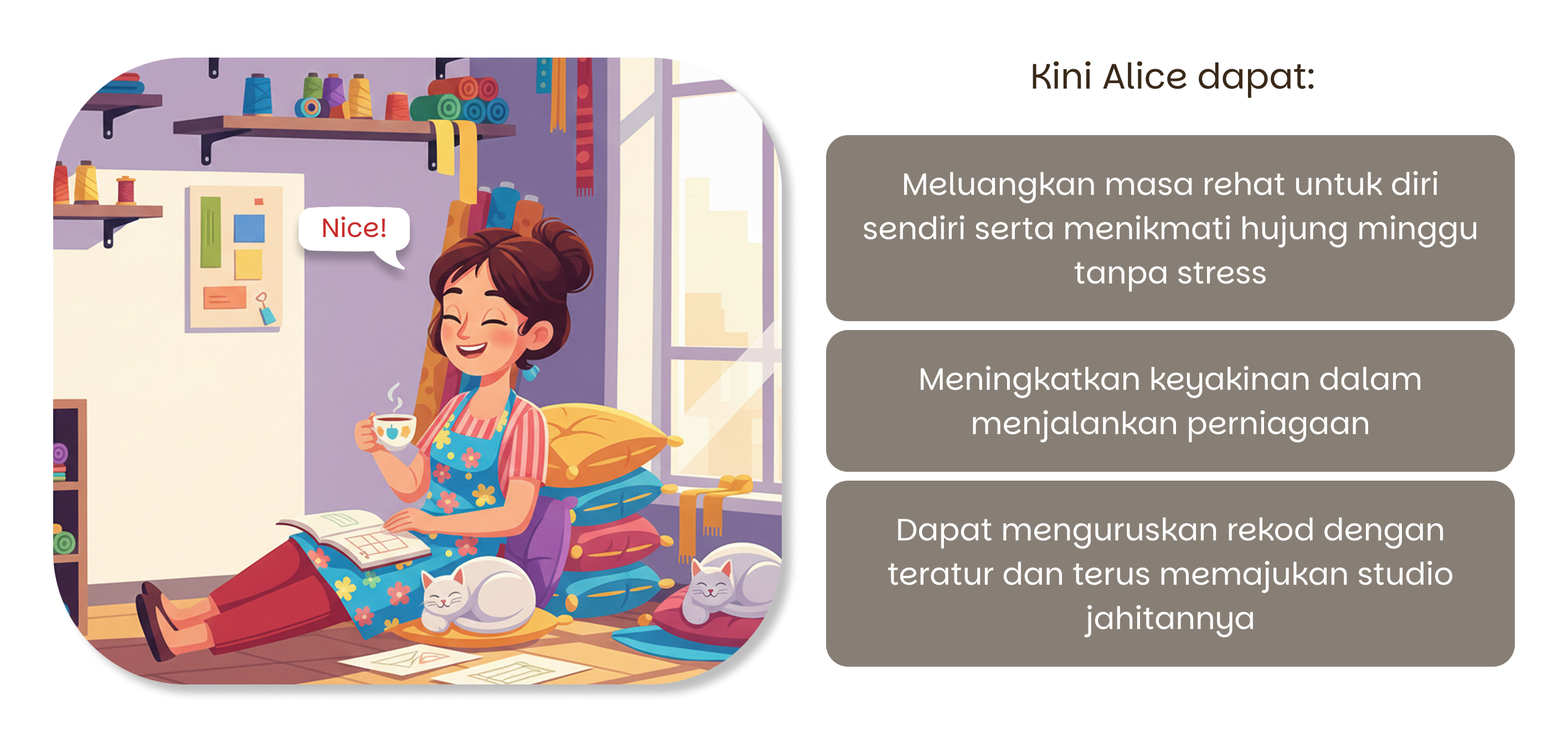 Alice gains: her evenings back, her Sundays back, confidence in her numbers, clearer records to grow her business